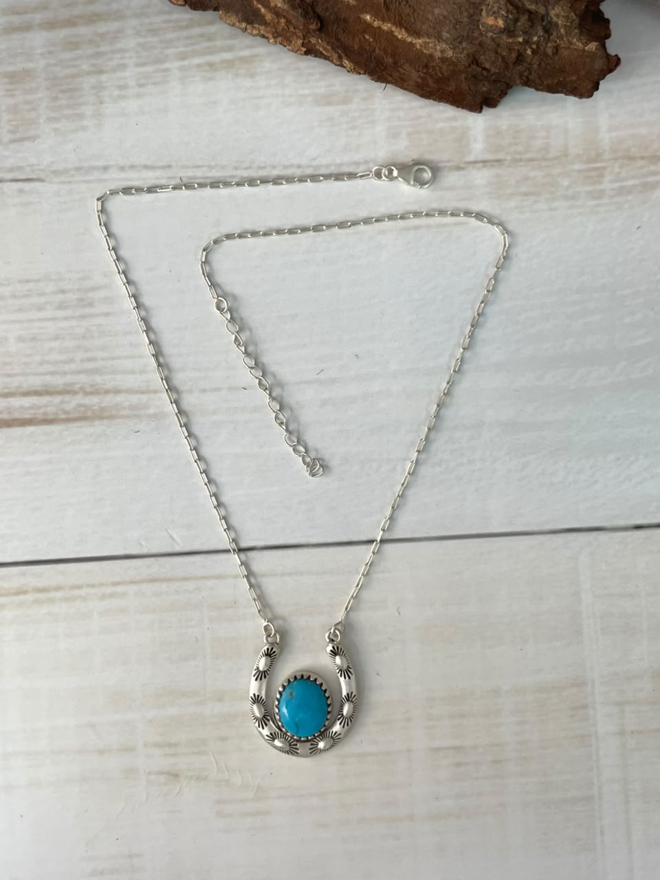 Handmade Sterling Silver Kingman Turquoise Horseshoe Necklace Signed Nizhoni