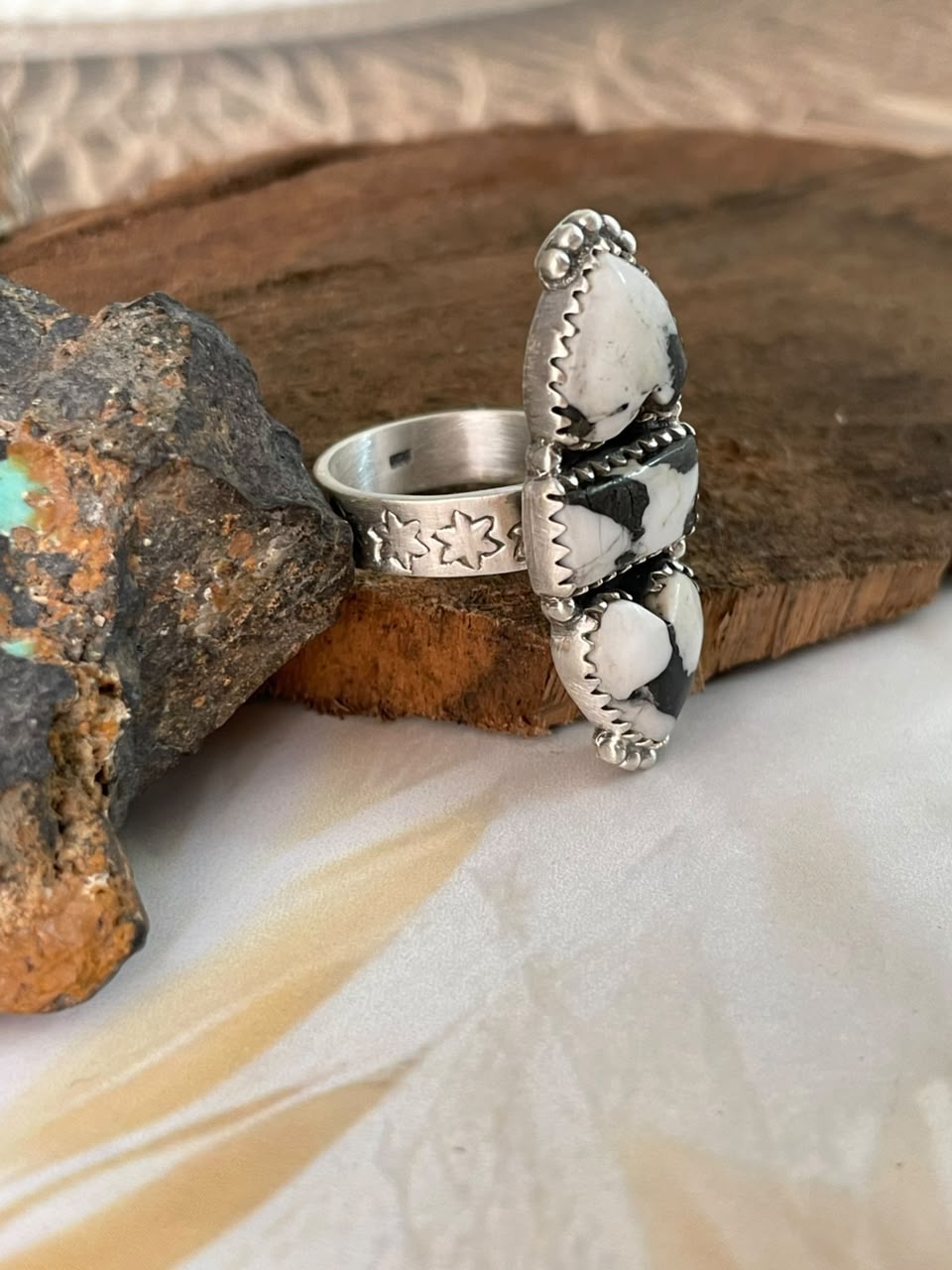 Handmade Sterling Silver White Buffalo Adjustable Ring Signed Nizhoni