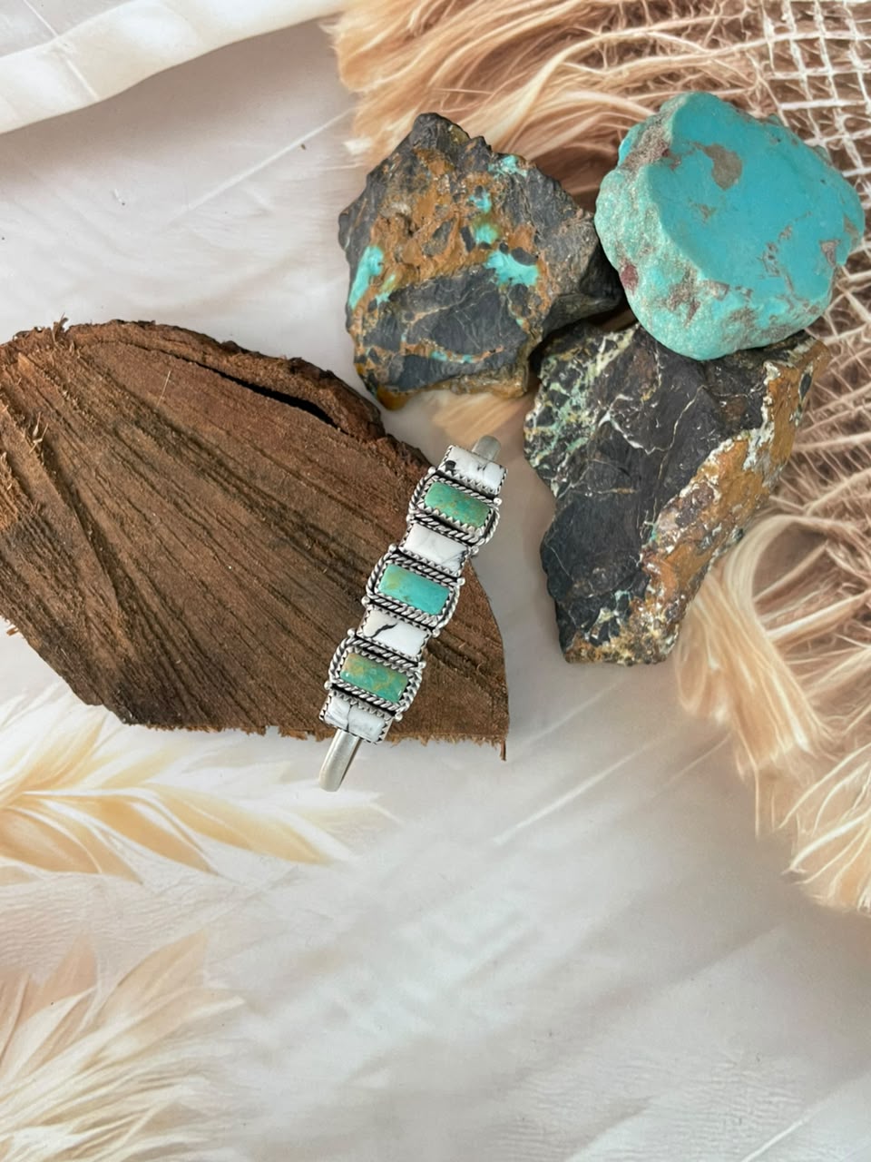 Handmade Sterling Silver Royston Turquoise with White Buffalo Cuff Bracelet Signed Nizhoni