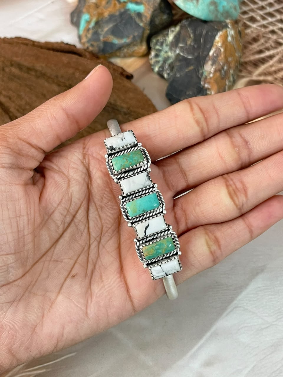 Handmade Sterling Silver Royston Turquoise with White Buffalo Cuff Bracelet Signed Nizhoni