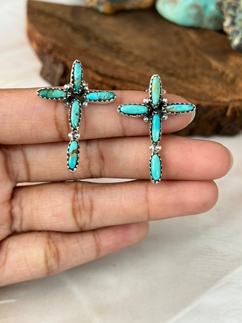 Handmade Sterling Silver Kingman Turquoise Cross Post Studs Earrings Signed Nizhoni