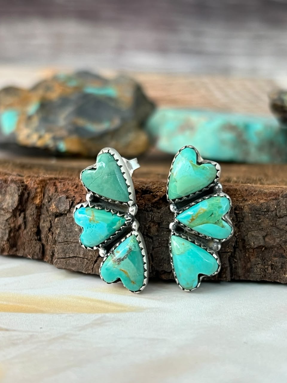 Handmade Sterling Silver Kingman Turquoise Post Heart Studs Earrings Signed Nizhoni