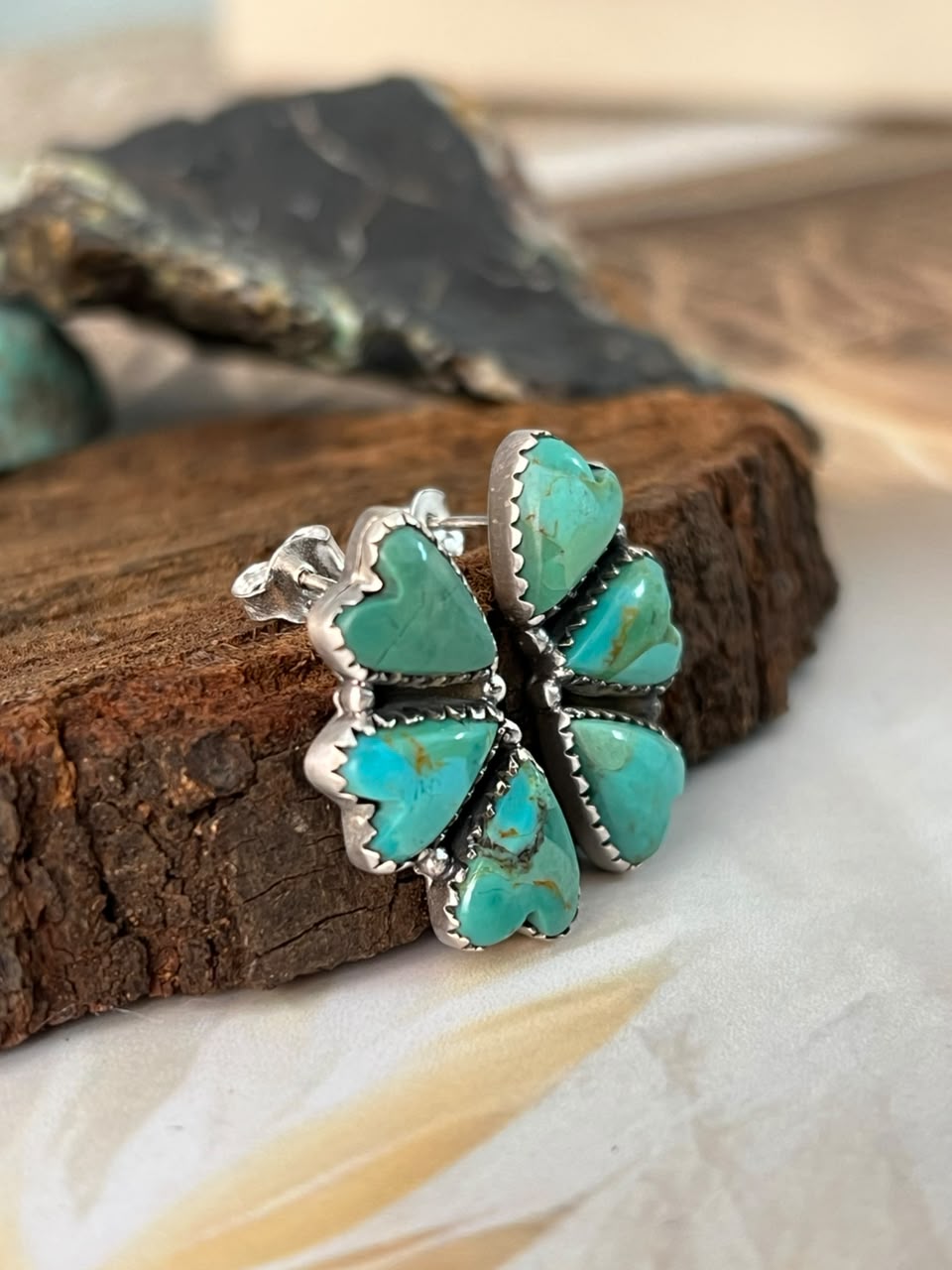 Handmade Sterling Silver Kingman Turquoise Post Heart Studs Earrings Signed Nizhoni