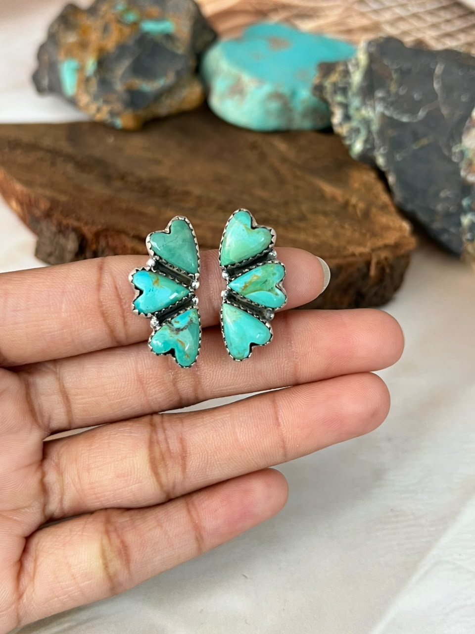 Handmade Sterling Silver Kingman Turquoise Post Heart Studs Earrings Signed Nizhoni