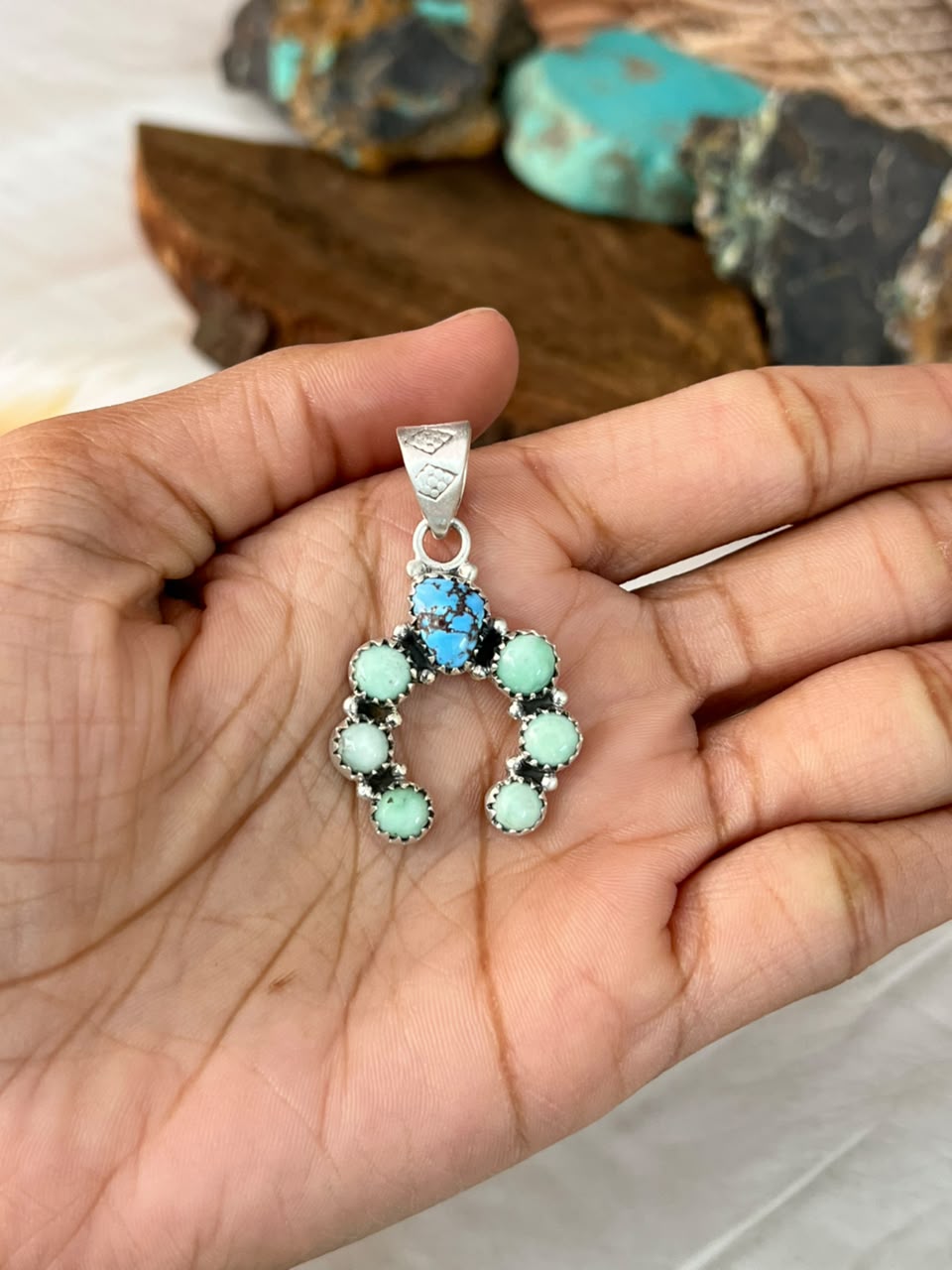 Handmade Sterling Silver Paloma and Golden Hills Turquoise Naja Pendant Signed Nizhoni
