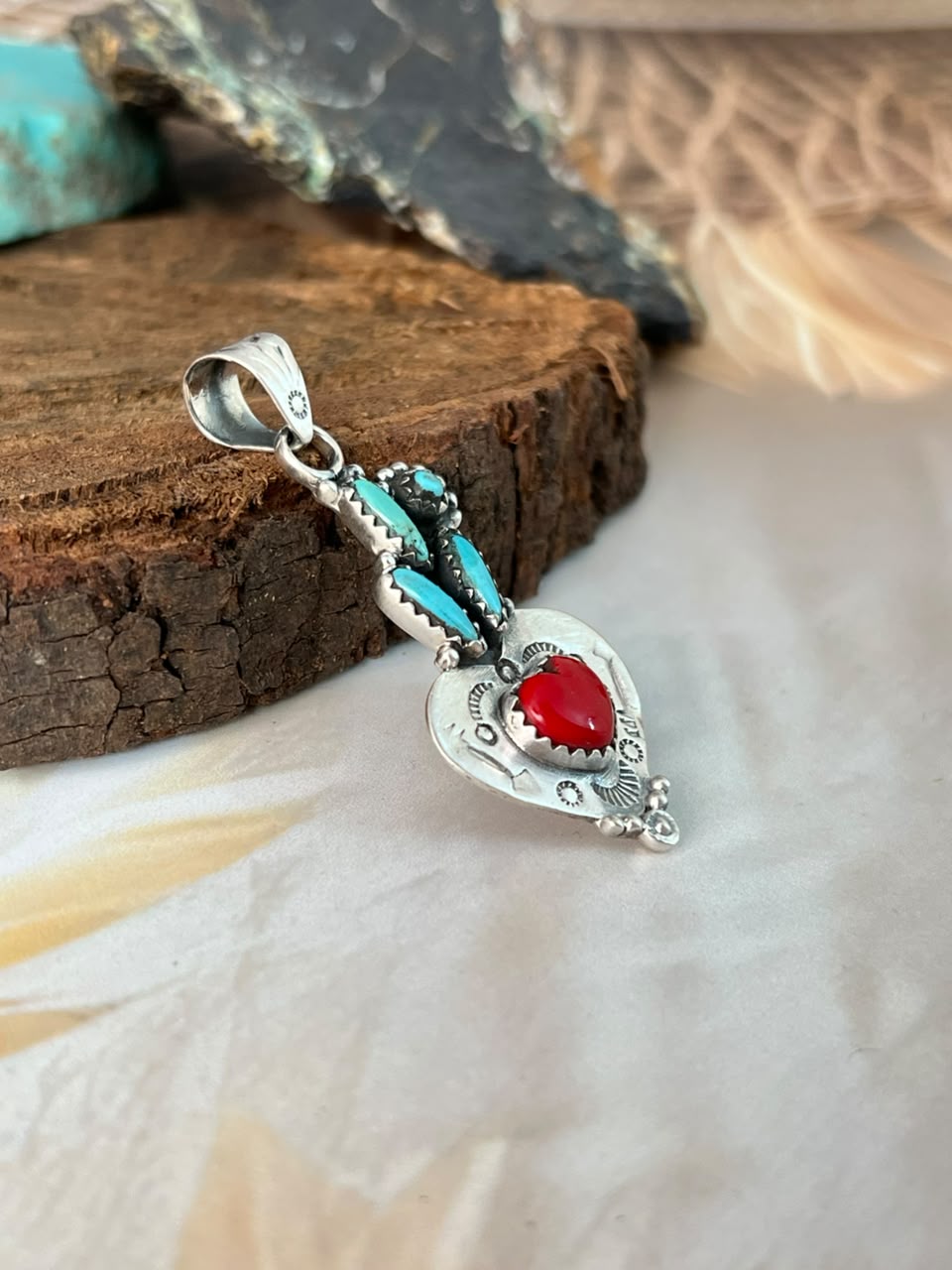Handmade Sterling Silver Rosarita with Kingman Turquoise Cherry Heart Pendant Signed Nizhoni