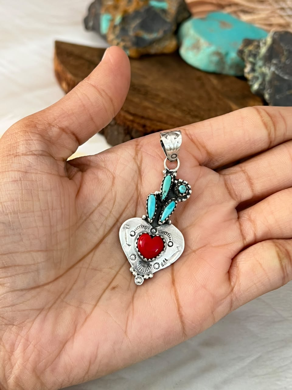 Handmade Sterling Silver Rosarita with Kingman Turquoise Cherry Heart Pendant Signed Nizhoni
