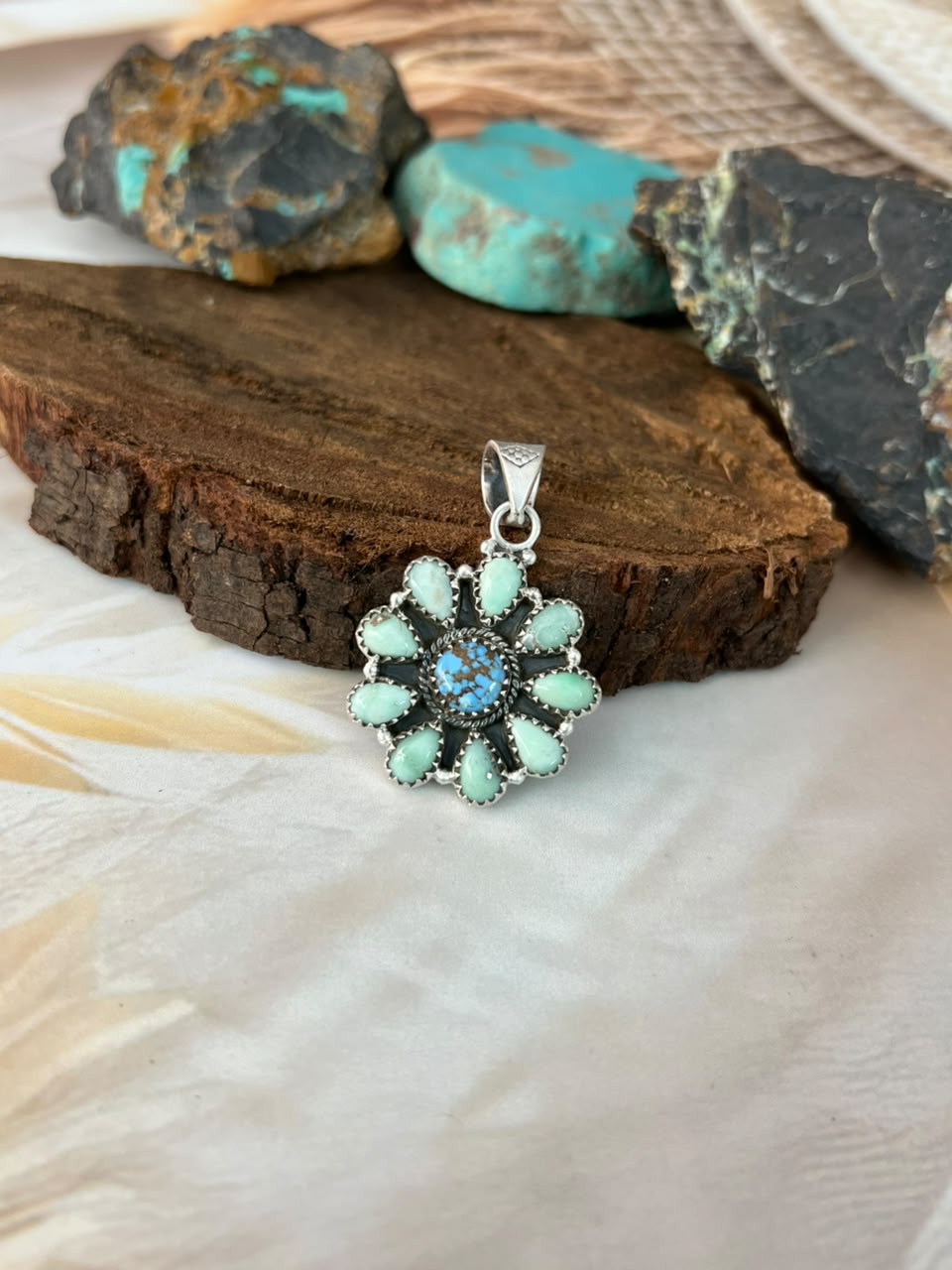 Handmade Sterling Silver Paloma and Golden Hills Turquoise Pendant Signed Nizhoni