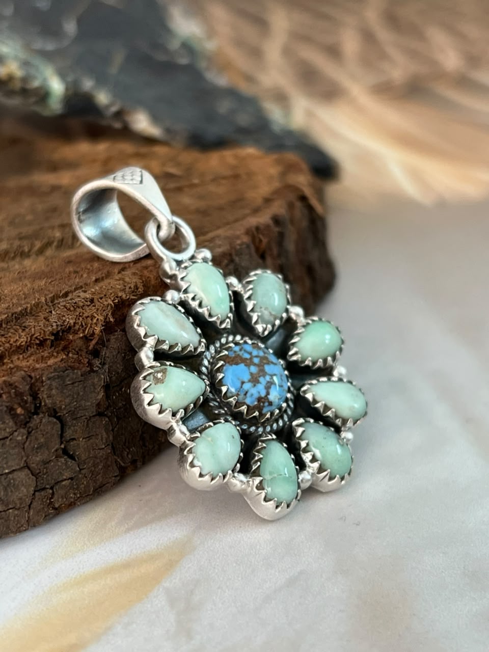 Handmade Sterling Silver Paloma and Golden Hills Turquoise Pendant Signed Nizhoni