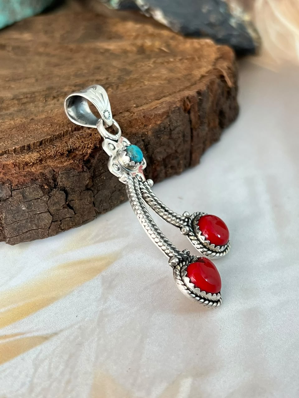 Handmade Sterling Silver Rosarita with Kingman Turquoise Cherry Pendant Signed Nizhoni