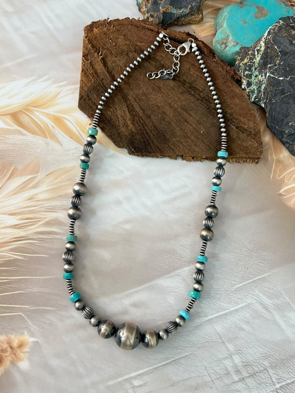 Handmade Sterling Silver Kingman Turquoise Beaded Necklace Signed Nizhoni