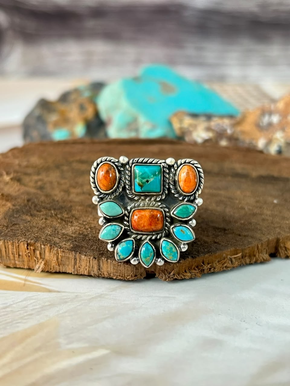 Handmade Sterling Silver Orange Mojave with Kingman Turquoise Adjustable Ring Signed Nizhoni