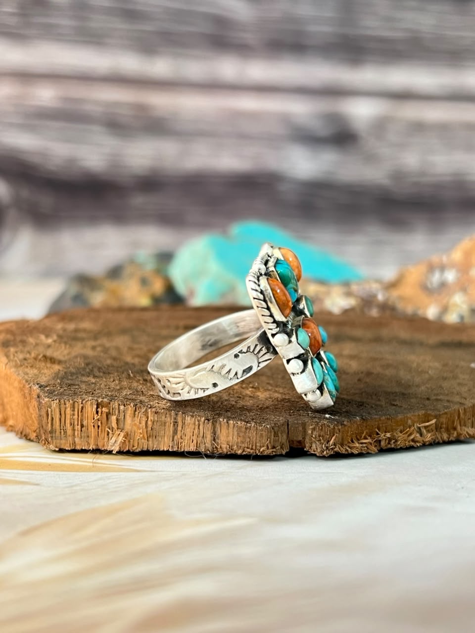 Handmade Sterling Silver Orange Mojave with Kingman Turquoise Adjustable Ring Signed Nizhoni