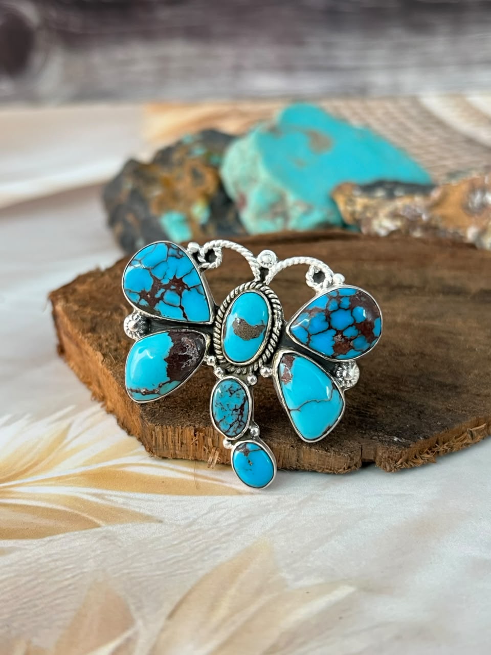 Handmade Sterling Silver Egyptian Turquoise Butterfly Adjustable Ring Signed Nizhoni