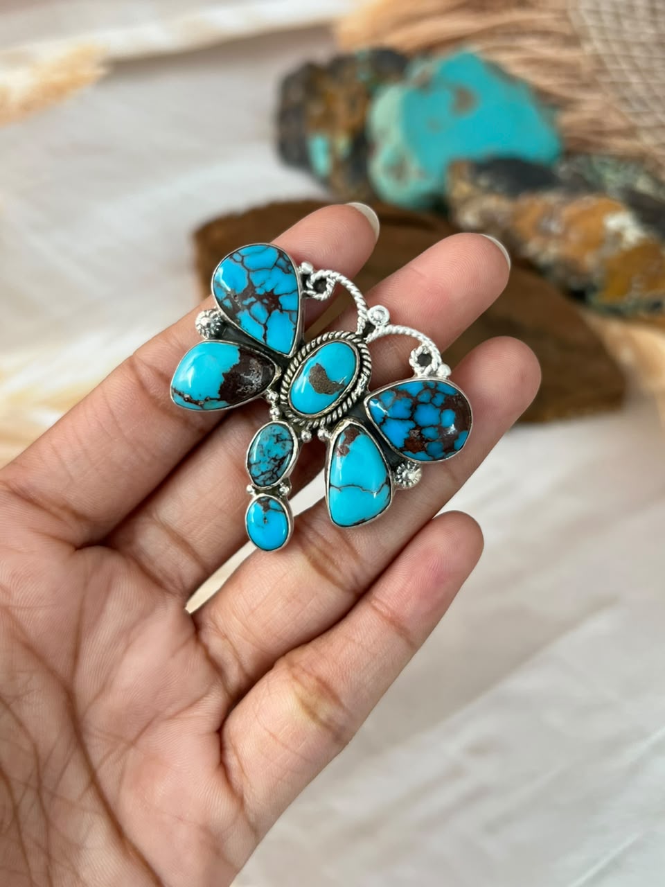 Handmade Sterling Silver Egyptian Turquoise Butterfly Adjustable Ring Signed Nizhoni
