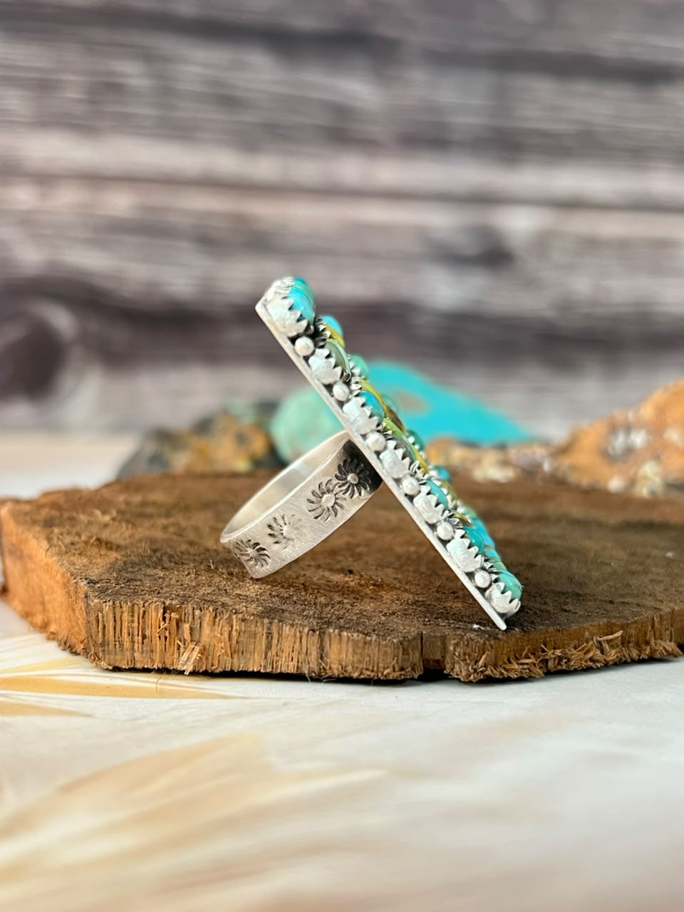 Handmade Sterling Silver Palomino with Kingman Turquoise Adjustable Ring Signed Nizhoni