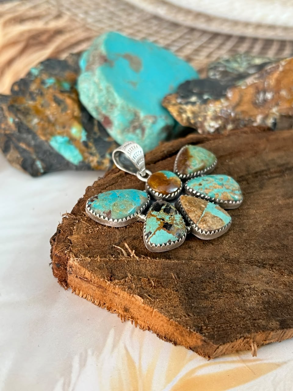 Handmade Sterling Silver Carico Lake Turquoise Pendant Signed Nizhoni
