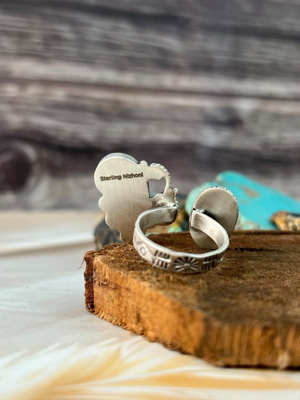 Handmade Sterling Silver Egyptian Turquoise Butterfly Adjustable Ring Signed Nizhoni