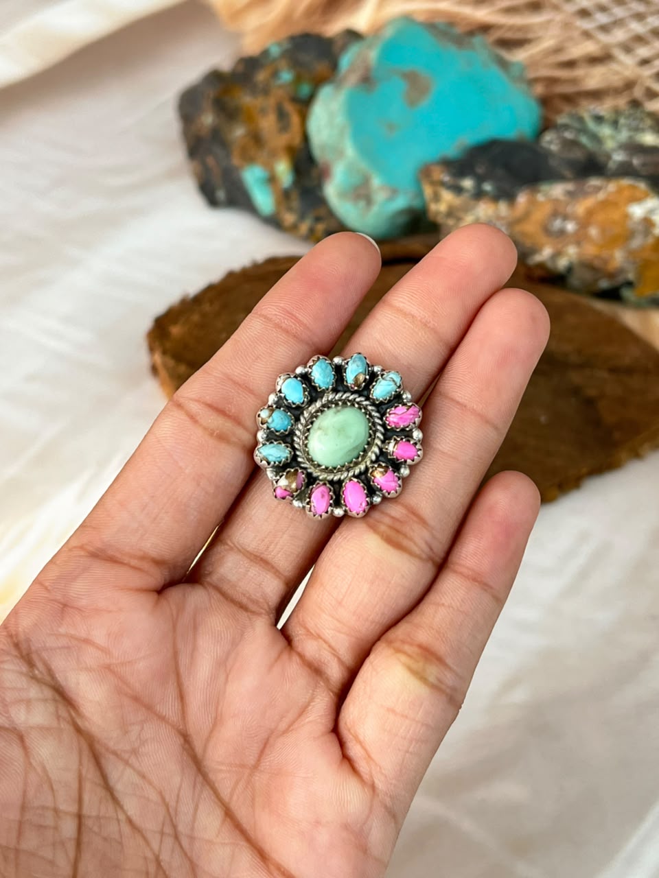 Handmade Sterling Silver Paloma Turquoise with Cotton Candy Adjustable Ring Signed Nizhoni