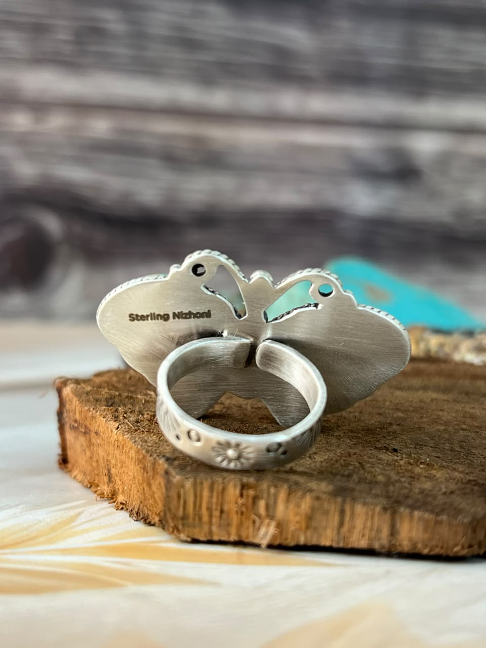 Handmade Sterling Silver Kingman Turquoise Butterfly Adjustable Ring Signed Nizhoni