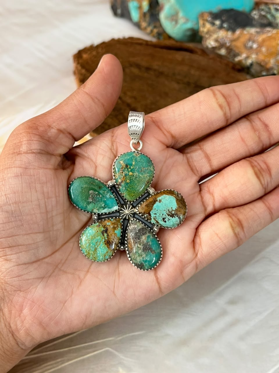 Handmade Sterling Silver Carico Lake Turquoise Pendant Signed Nizhoni