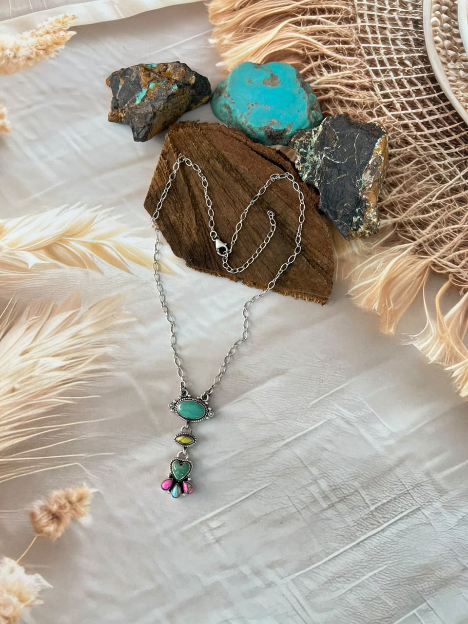 Handmade Sterling Silver Carico Lake with Cotton Candy and Palomino Turquoise Necklace Signed Nizhoni