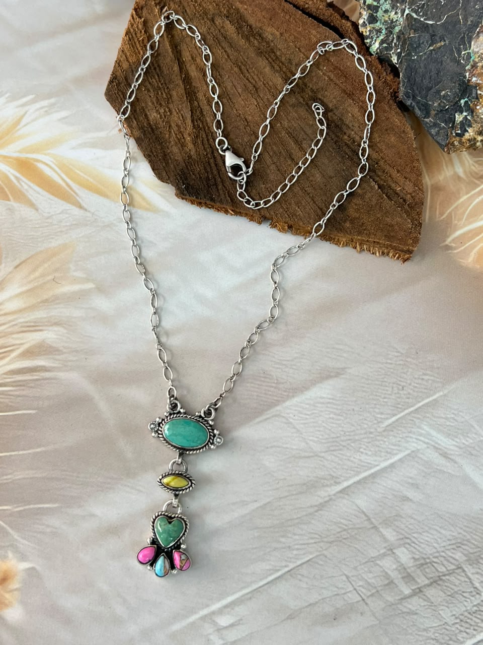 Handmade Sterling Silver Carico Lake with Cotton Candy and Palomino Turquoise Necklace Signed Nizhoni