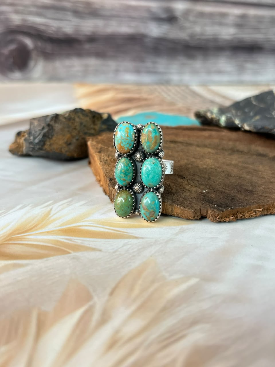 Handmade Sterling Silver Sonoran Turquoise Collection: Bar Adjustable Ring Signed Nizhoni
