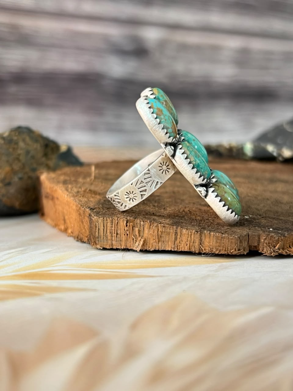 Handmade Sterling Silver Sonoran Turquoise Collection: Bar Adjustable Ring Signed Nizhoni