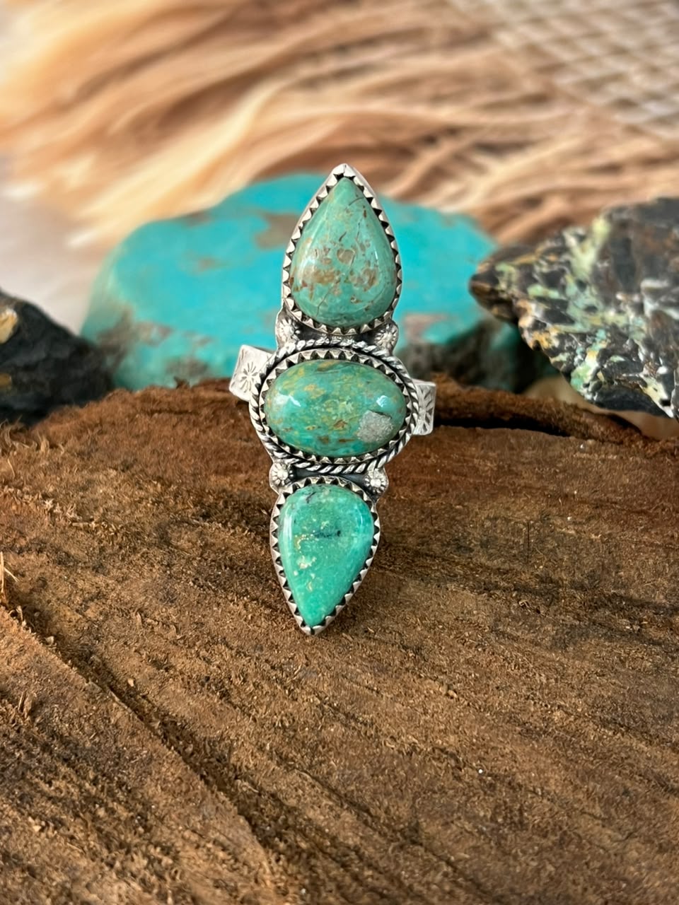 Handmade Sterling Silver Sonoran Turquoise Collection: Adjustable Ring Signed Nizhoni