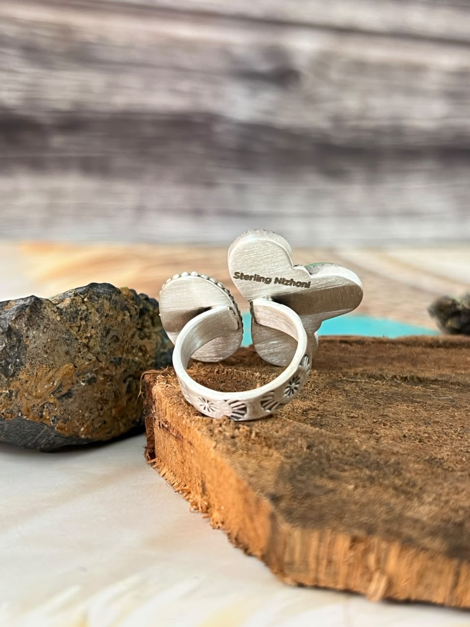 Handmade Sterling Silver Sonoran Turquoise Collection: Adjustable Ring Signed Nizhoni