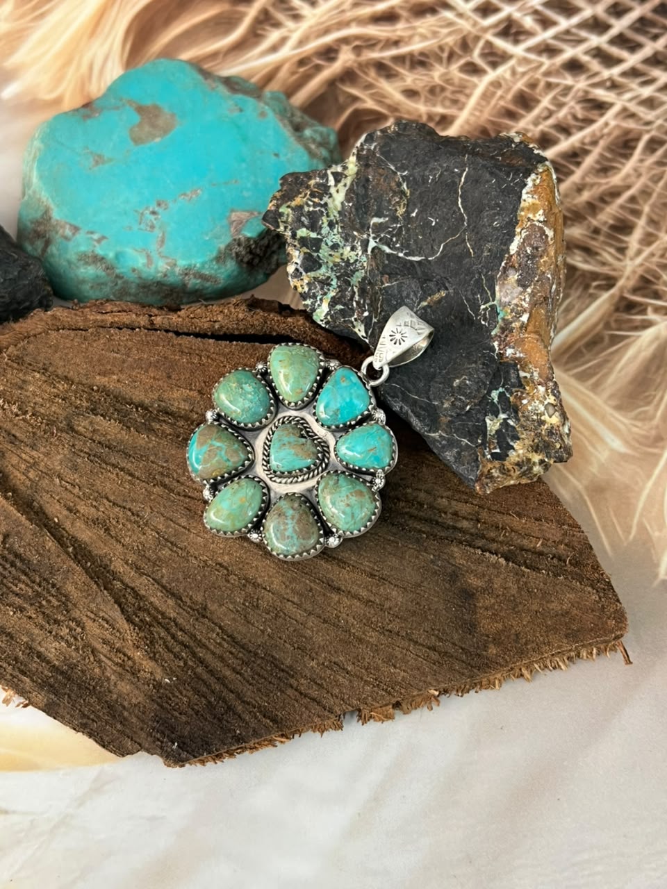 Handmade Sterling Silver Sonoran Turquoise Collection: Pendant Signed Nizhoni (1)