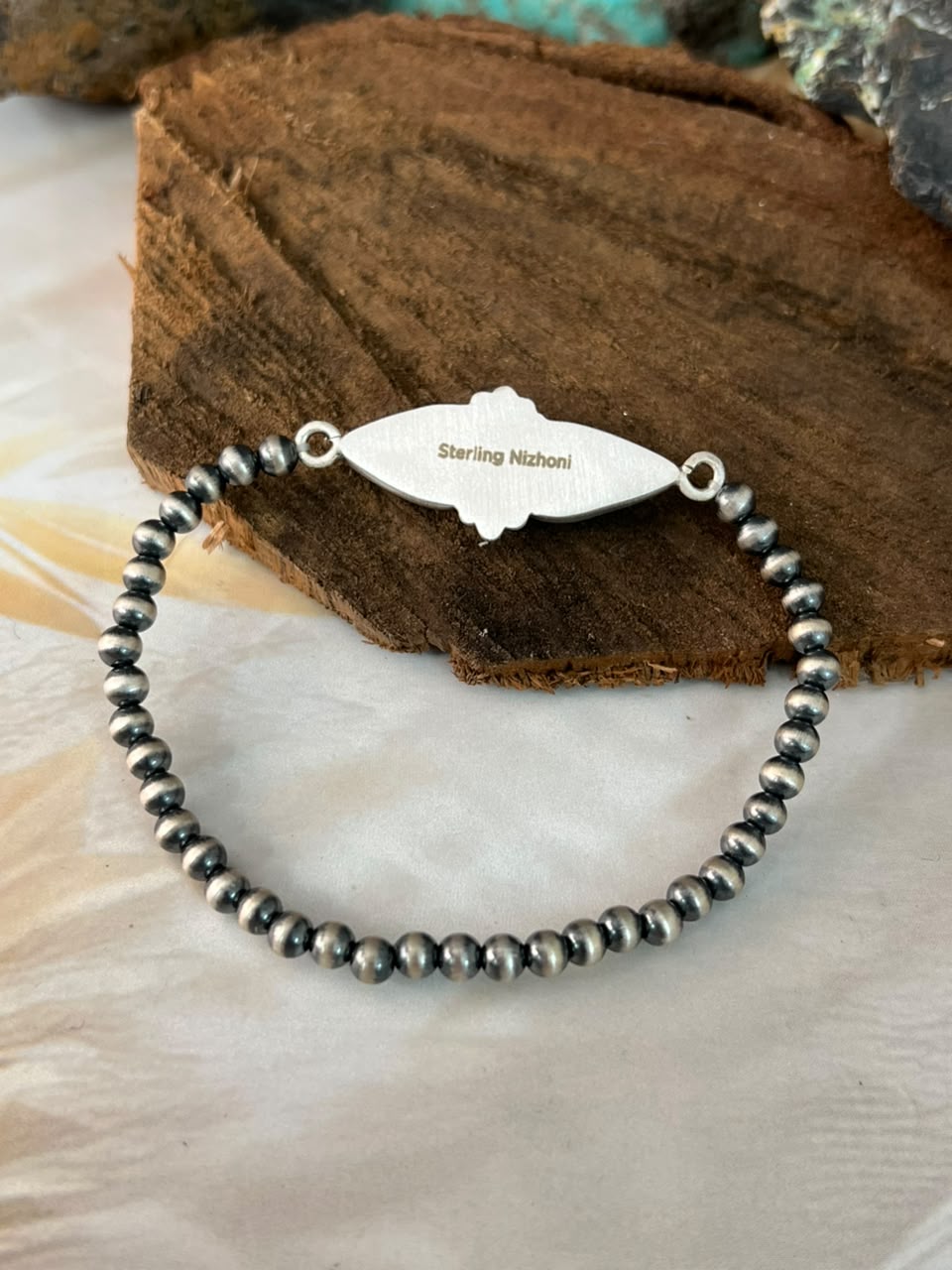 Handmade Sterling Silver Sonoran Turquoise Collection: Stretchy Beaded Bracelet Signed Nizhoni