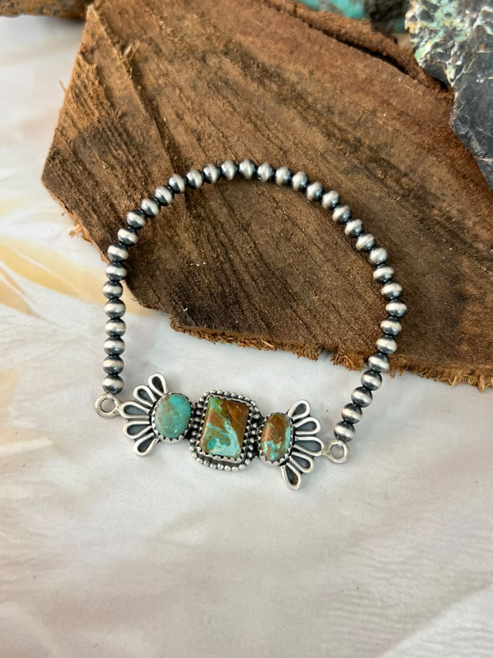 Handmade Sterling Silver Sonoran Turquoise Collection: Stretchy Beaded Bracelet Signed Nizhoni