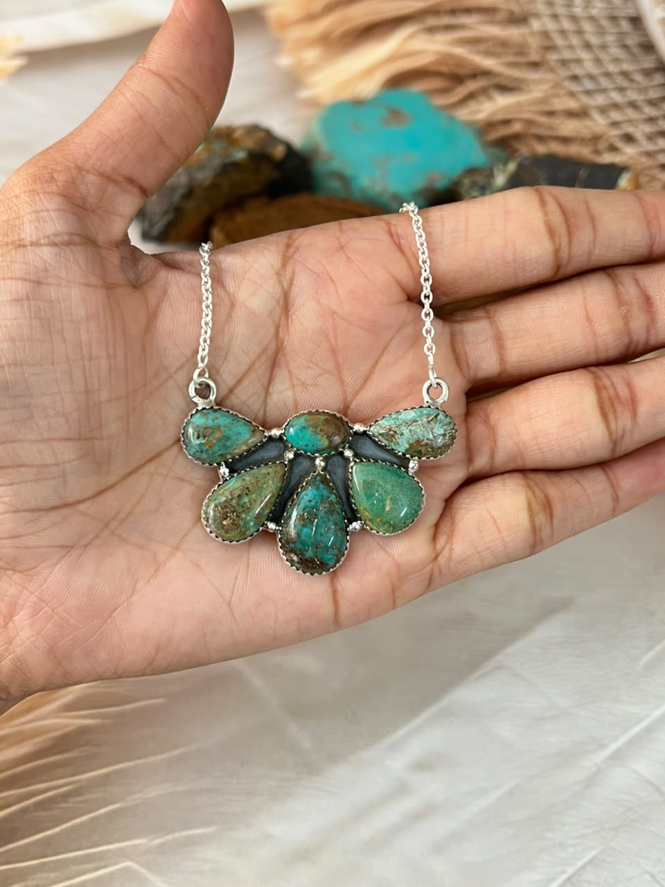 Handmade Sterling Silver Sonoran Turquoise Collection: Necklace Signed Nizhoni