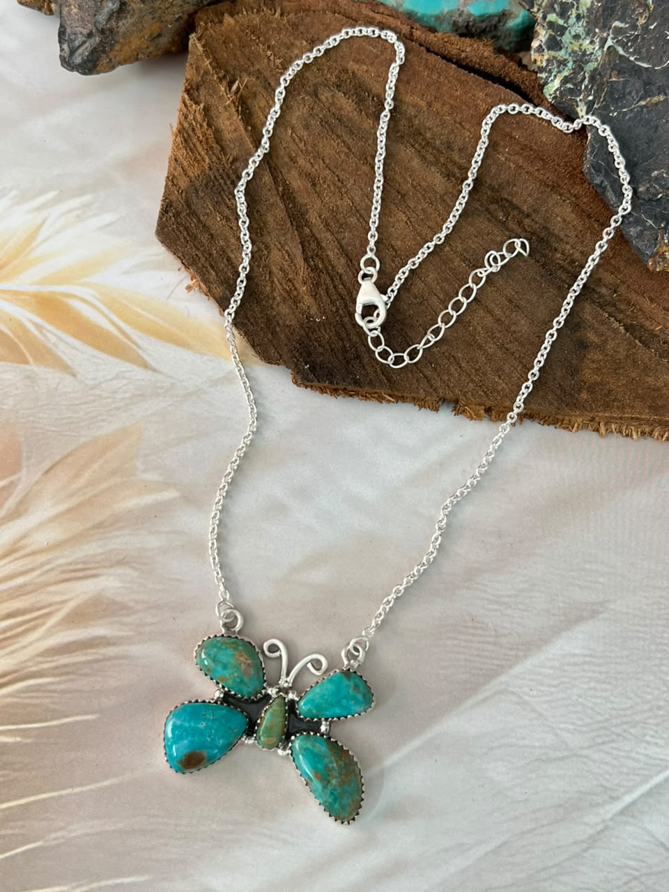 Handmade Sterling Silver Sonoran Turquoise Collection: Butterfly Necklace Signed Nizhoni