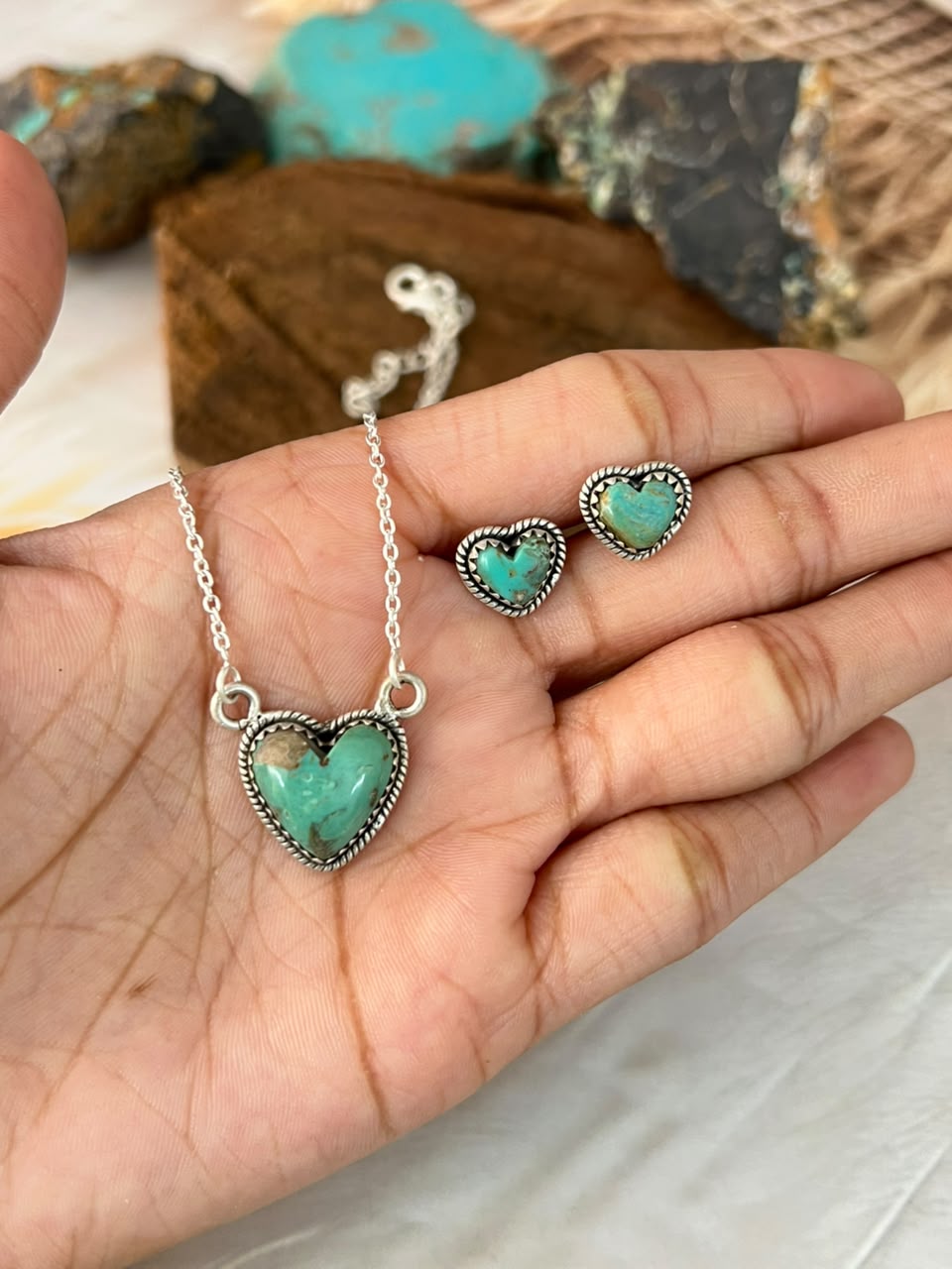 Handmade Sterling Silver Sonoran Turquoise Collection: Heart Necklace and Earrings Set Signed Nizhoni