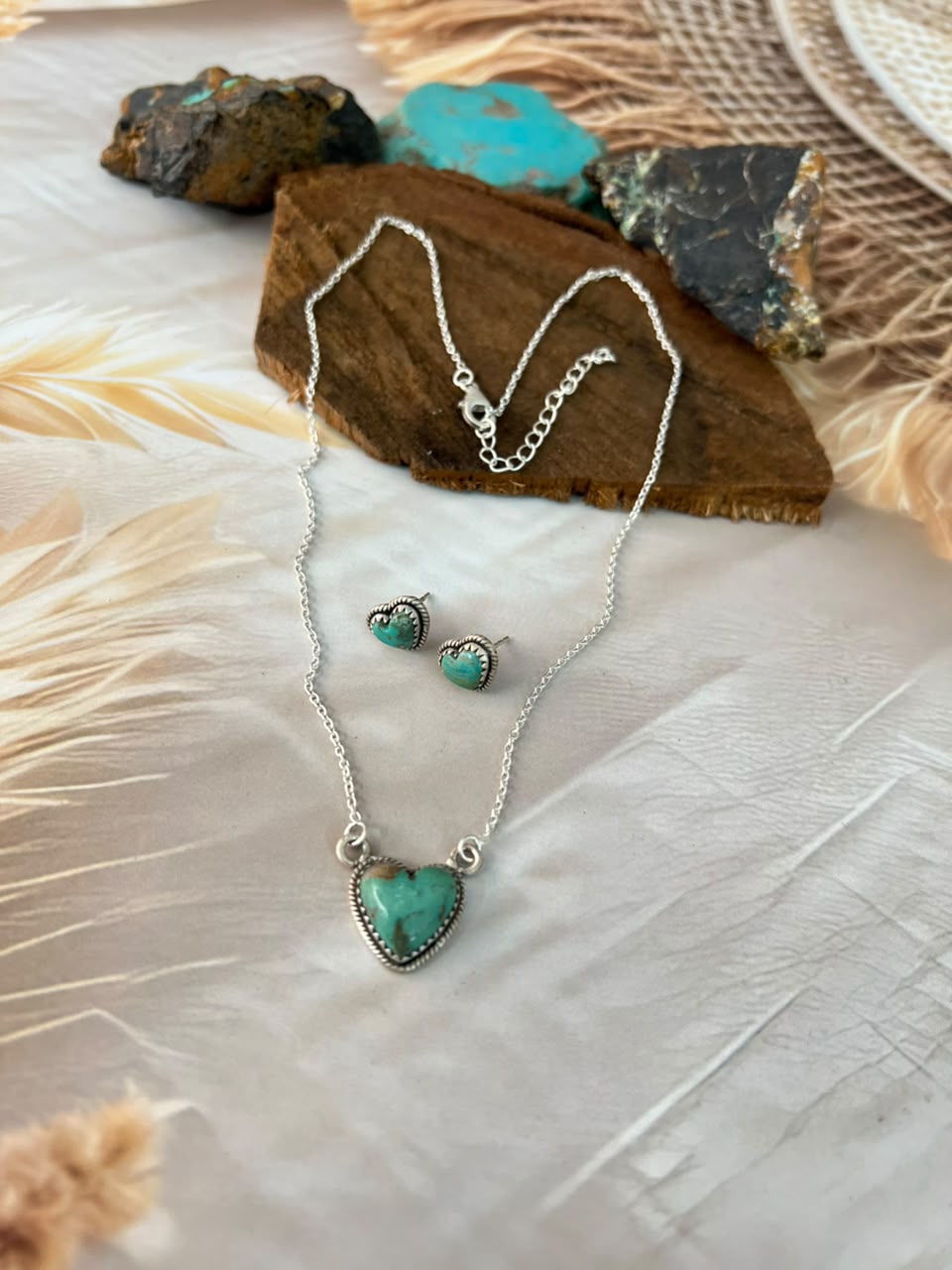 Handmade Sterling Silver Sonoran Turquoise Collection: Heart Necklace and Earrings Set Signed Nizhoni