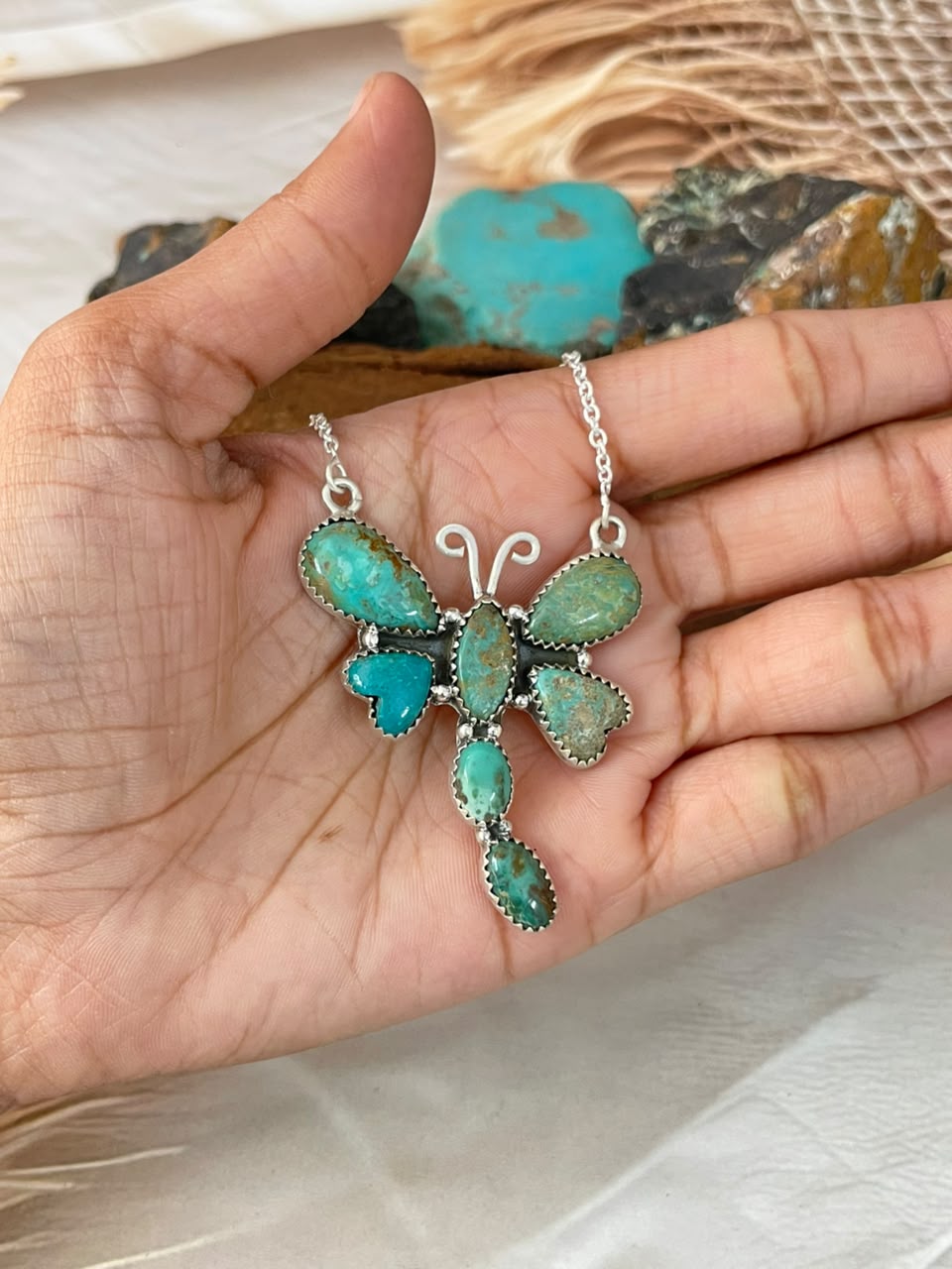Handmade Sterling Silver Sonoran Turquoise Collection: Butterfly Necklace Signed Nizhoni
