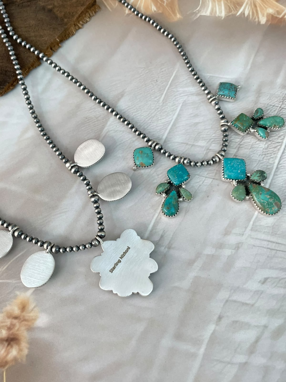 Handmade Sterling Silver Sonoran Turquoise Collection: Beaded Necklace Signed Nizhoni