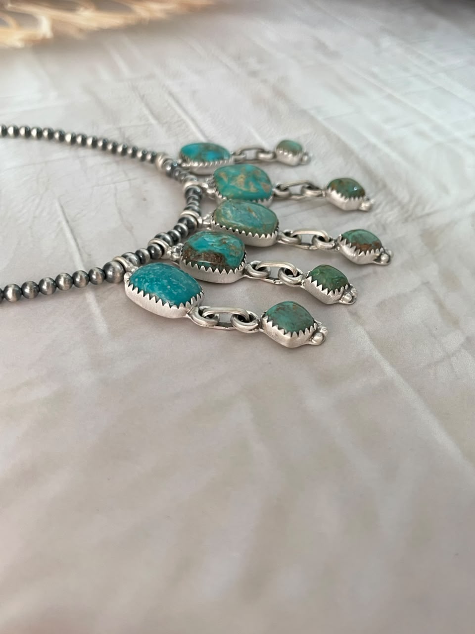 Handmade Sterling Silver Sonoran Turquoise Collection: Beaded Necklace Signed Nizhoni