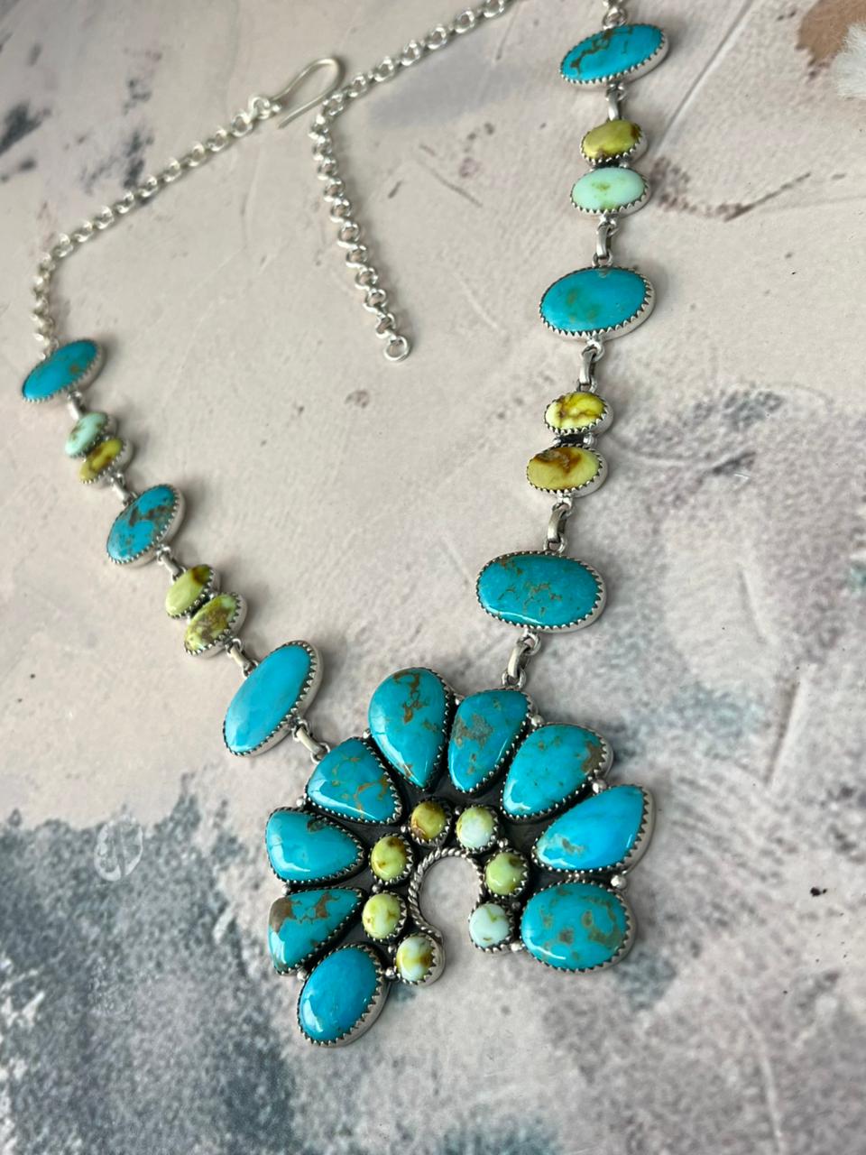 Handmade Sterling Silver Tyrone with Palomino Turquoise Naja Necklace Signed Nizhoni