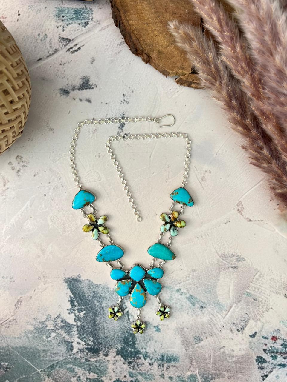 Handmade Sterling Silver Tyrone with Palomino Turquoise Necklace Signed Nizhoni