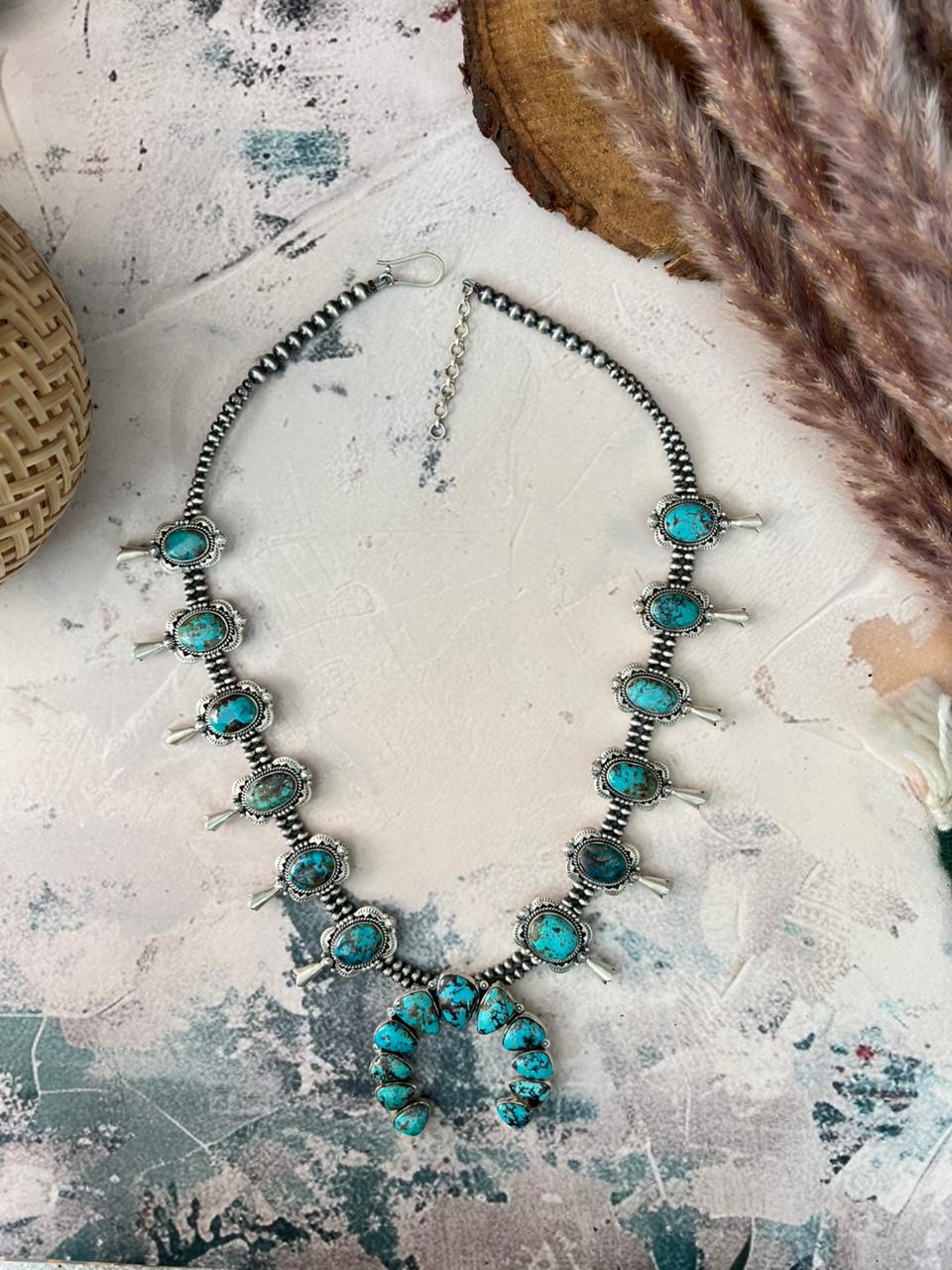 Handmade Sterling Silver Sierra Bella Turquoise Beaded Squash Blossom Naja Necklace Signed Nizhoni