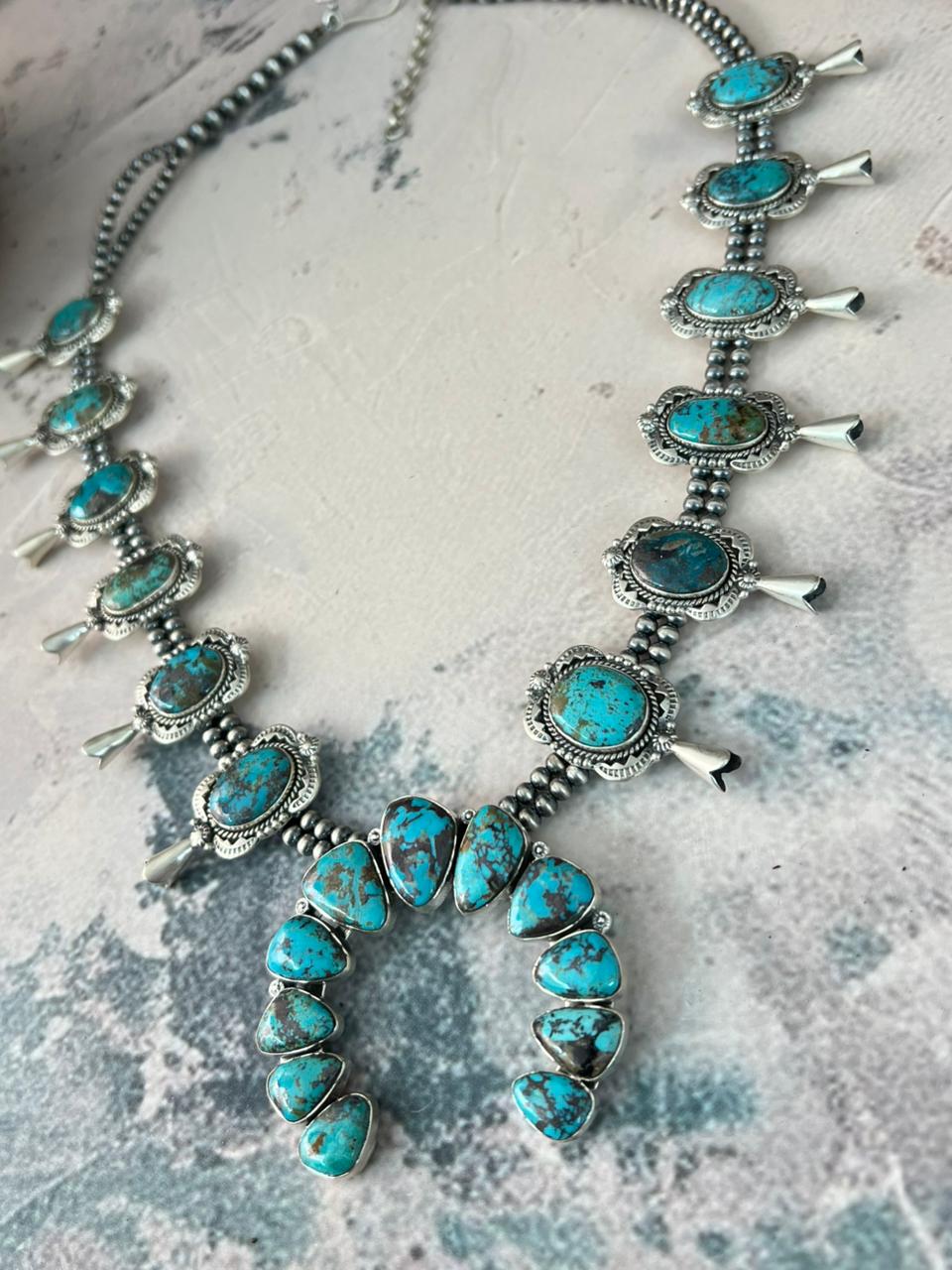 Handmade Sterling Silver Sierra Bella Turquoise Beaded Squash Blossom Naja Necklace Signed Nizhoni