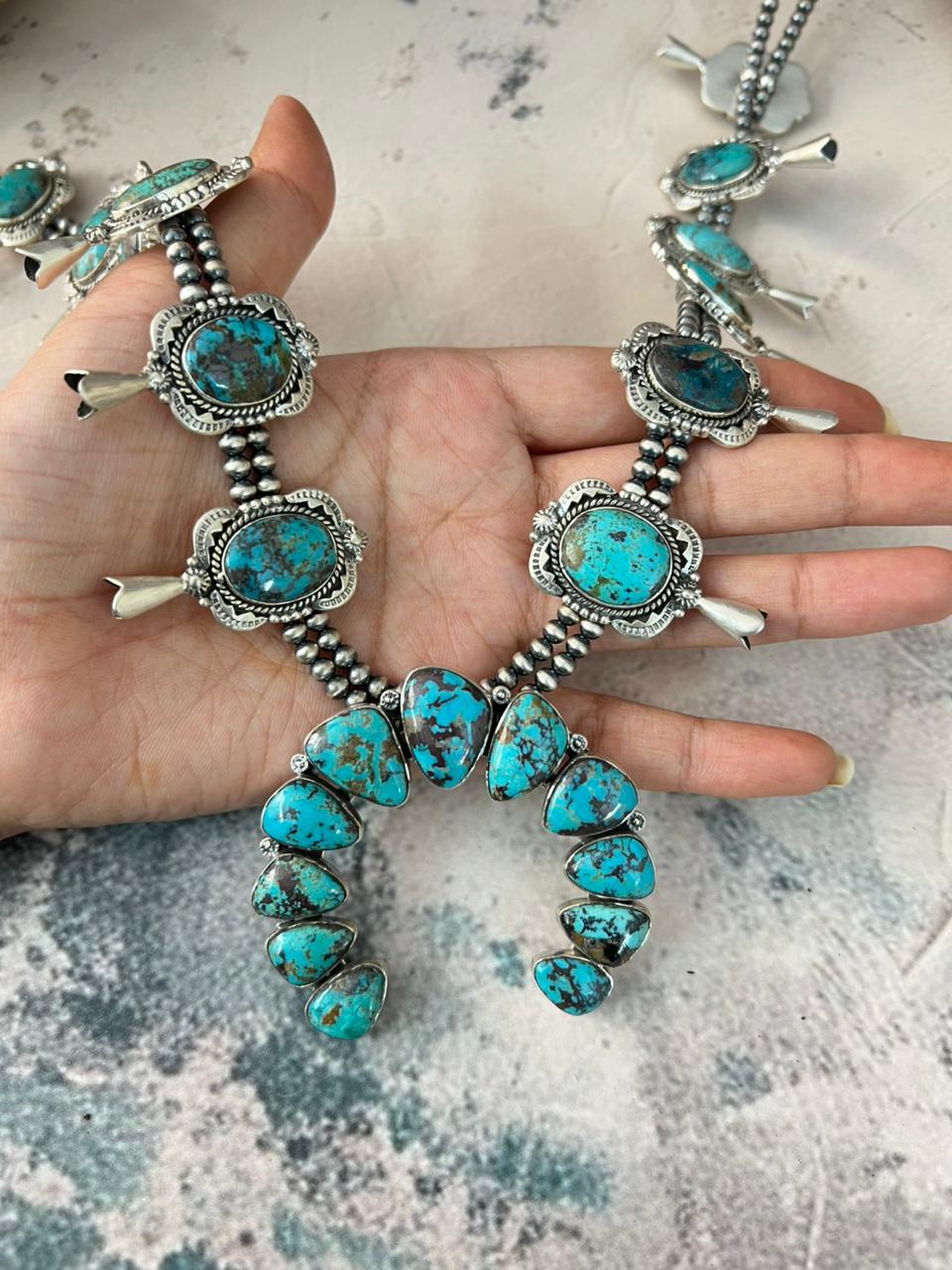 Handmade Sterling Silver Sierra Bella Turquoise Beaded Squash Blossom Naja Necklace Signed Nizhoni