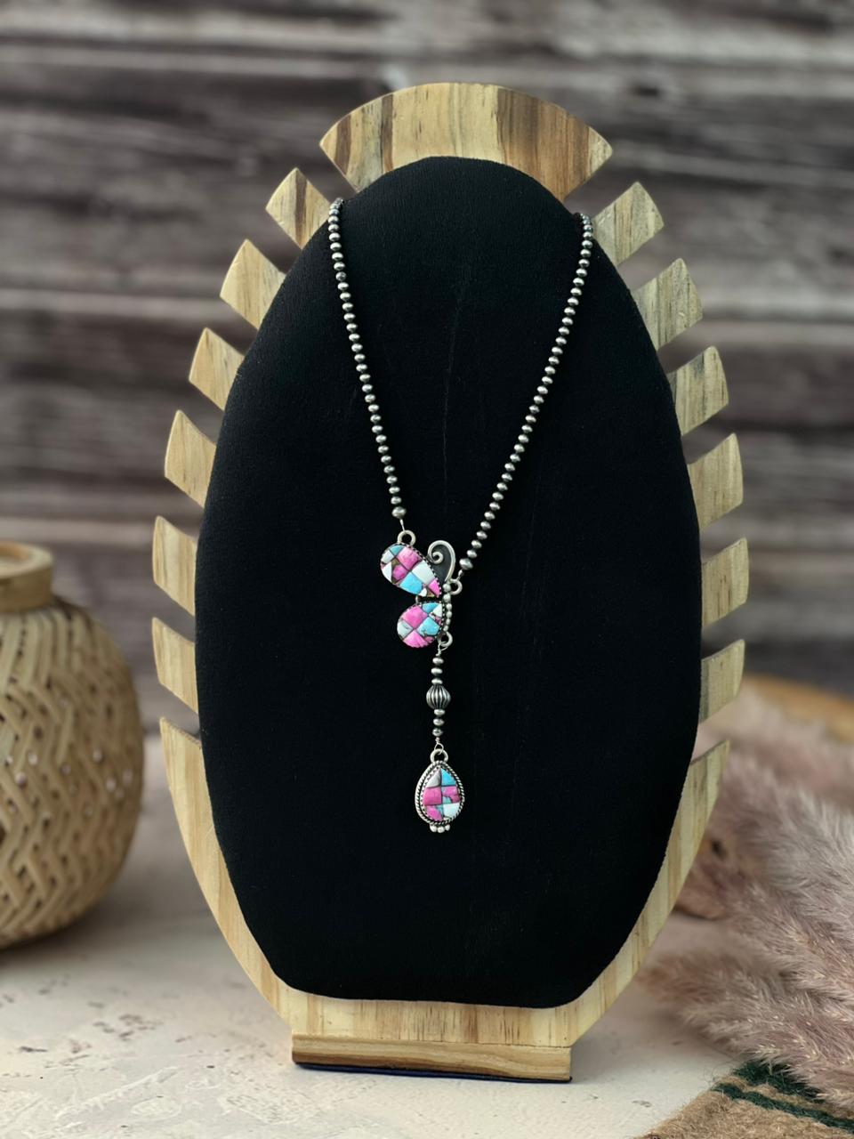 Handmade Sterling Silver Cotton Candy Beaded Butterfly Necklace Signed Nizhoni