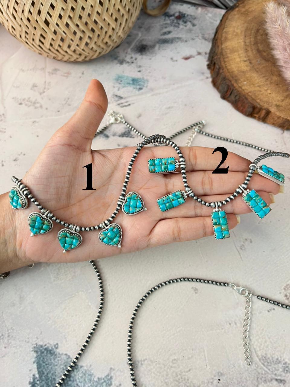Handmade Sterling Silver Kingman Turquoise Cobble Stone Necklace Beaded Signed Nizhoni