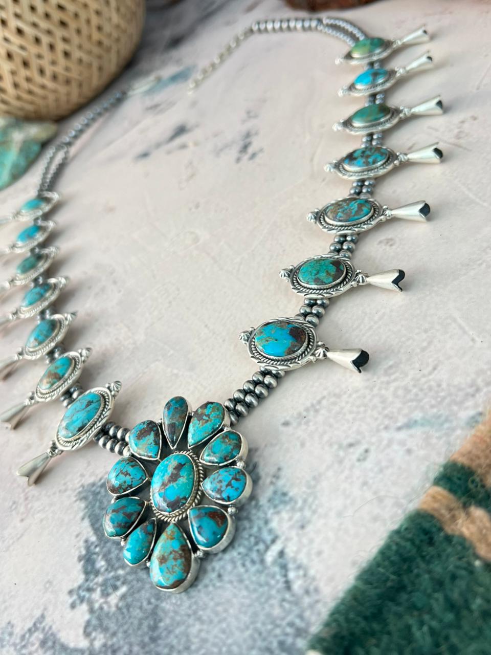 Handmade Sterling Silver Sierra Bella Turquoise Beaded Squash Blossom Necklace Signed Nizhoni