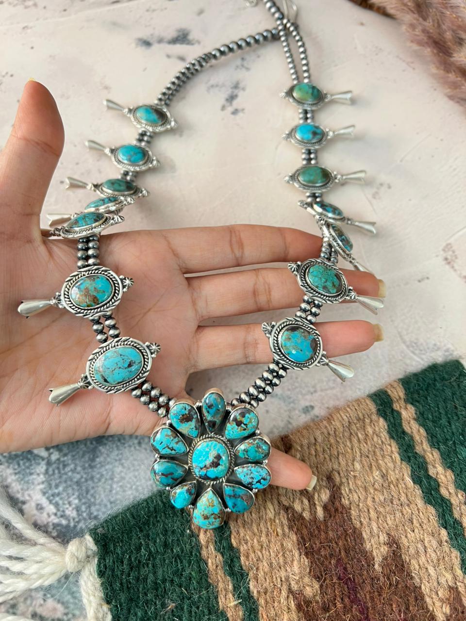 Handmade Sterling Silver Sierra Bella Turquoise Beaded Squash Blossom Necklace Signed Nizhoni